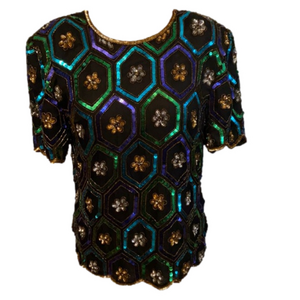 Vintage Night Vogue Top Heavily Sequined Silk Small Holiday